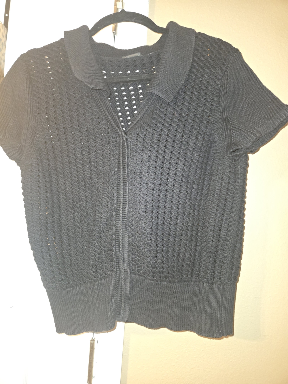 Tahari Black Short-Sleeve Openwork Knit Cardigan with Collar
